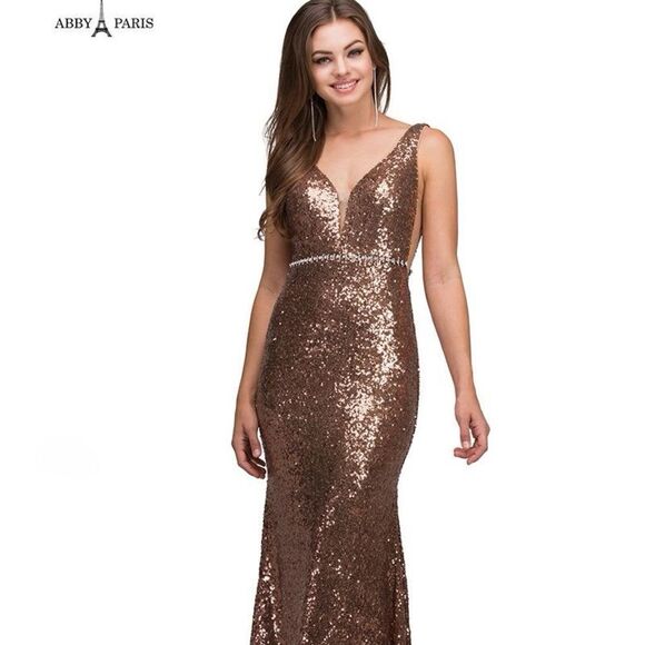 Abby Paris by Lucci Lu Long Sexy Bronze Sequin/rhinestone Deep V Gown Dress Sz 4 - Picture 2 of 14